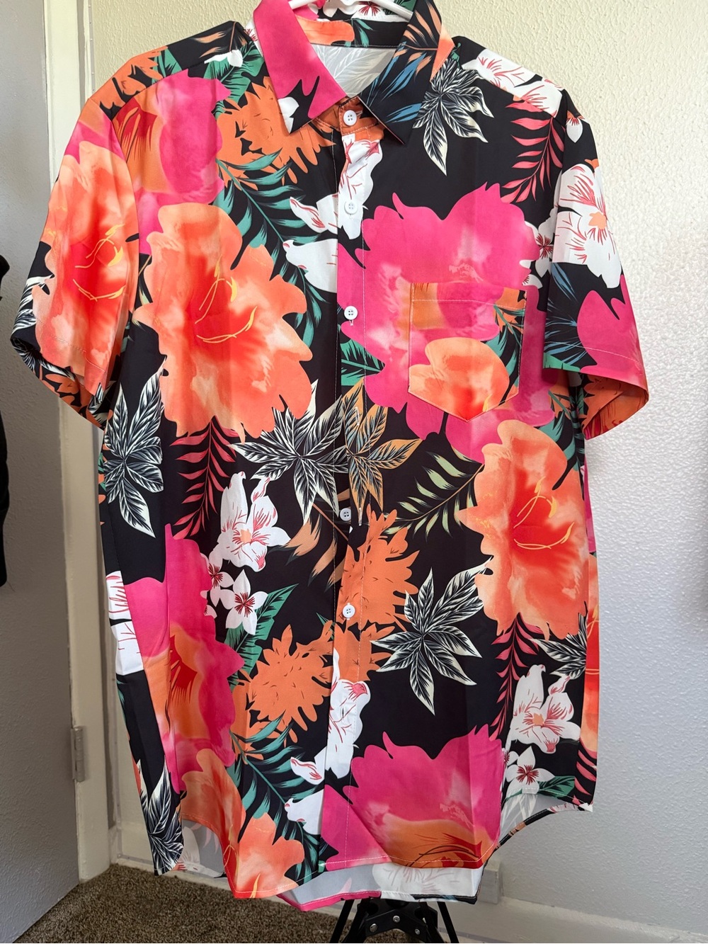 Men's Black Short-Sleeve Button-Down Shirt with Pink & Orange Floral Print